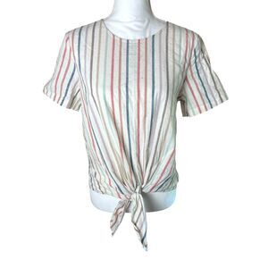Madewell Womens Striped Pull Over Top SMALL Tie Front Buttons Coastal Casual